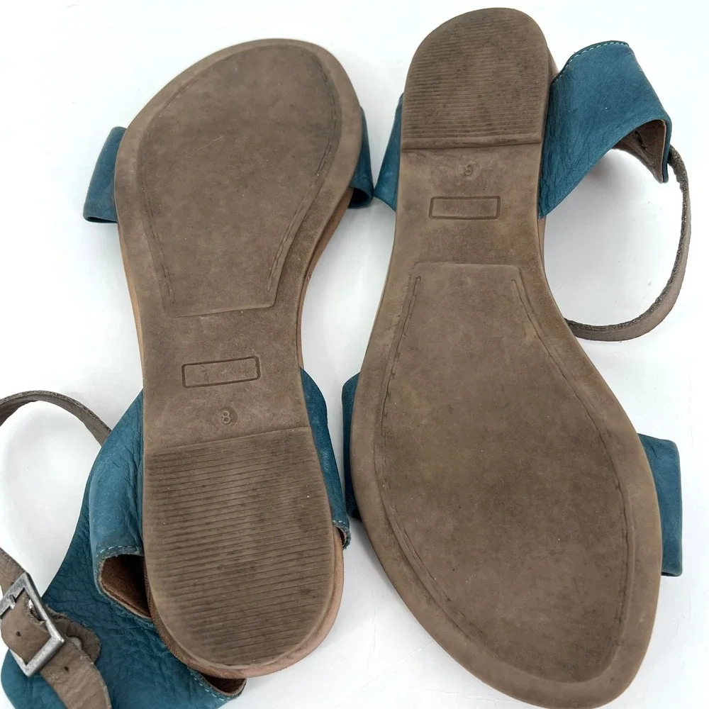 Miz Mooz Alanis Teal Blue Leather Ankle Strap‎ Flat Sandals Womens 8